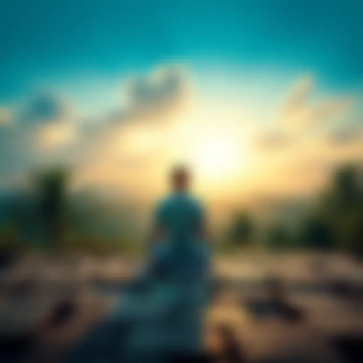 A person sitting cross-legged in meditation, surrounded by nature, reflecting a journey towards inner peace through Buddhist teachings.