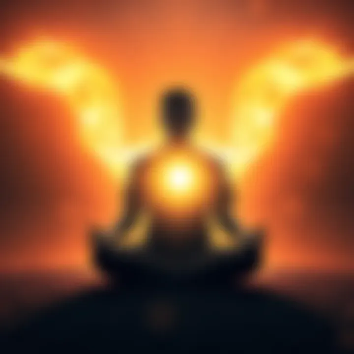 A person sitting cross-legged in a peaceful setting, surrounded by a warm, glowing light, symbolizing positive energy and manifestation.