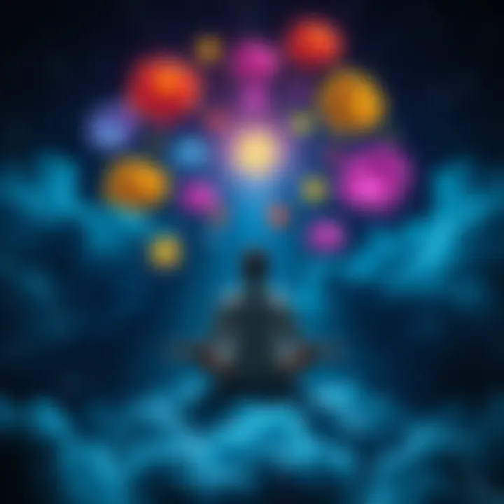 Meditation Enhancing Lucid Dreaming A person meditating peacefully while dreaming with colorful thought bubbles representing dreams around their head.