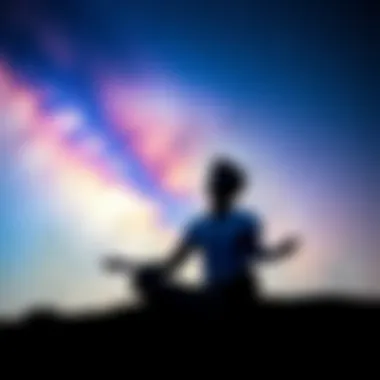 Meditation for Lucid Dreaming A peaceful person meditating under a starry night sky, surrounded by calming colors and dreamy imagery, focusing on enhancing their lucid dreaming experience.