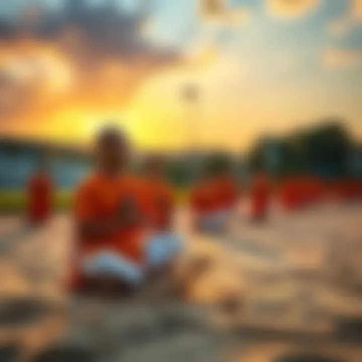 A group of volunteers participating in the Meditation Olympics, engaging in Heart Sutra Sprints and sand garden sweeping in São Paulo, Brazil.