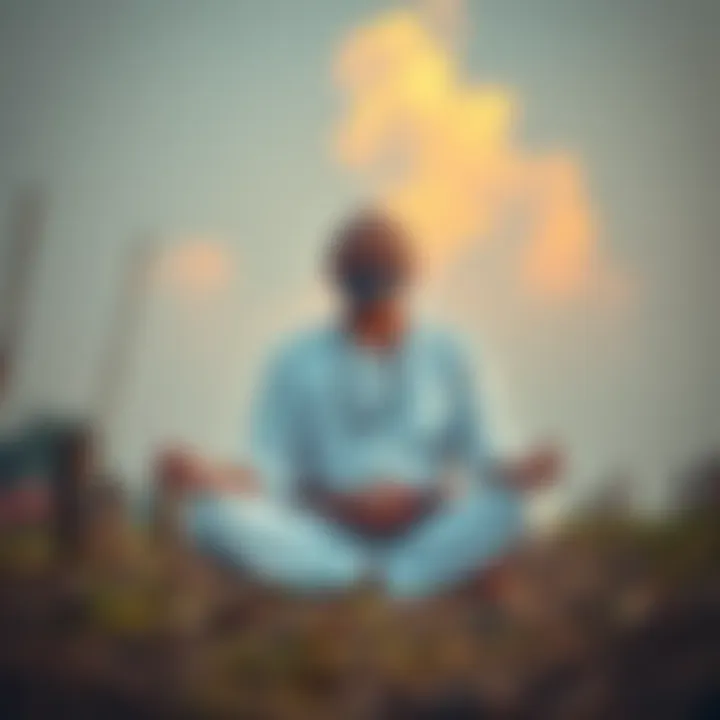 A person sitting cross-legged in a serene outdoor setting, practicing meditation with a peaceful expression.