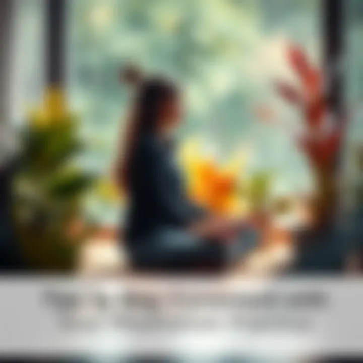 A person meditating in a peaceful setting, surrounded by plants and soft lighting, to show focus and calmness despite changes in life.