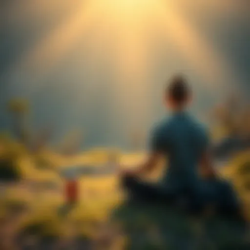 A peaceful setting with a person sitting cross-legged, preparing for meditation with a backpack and water bottle nearby.