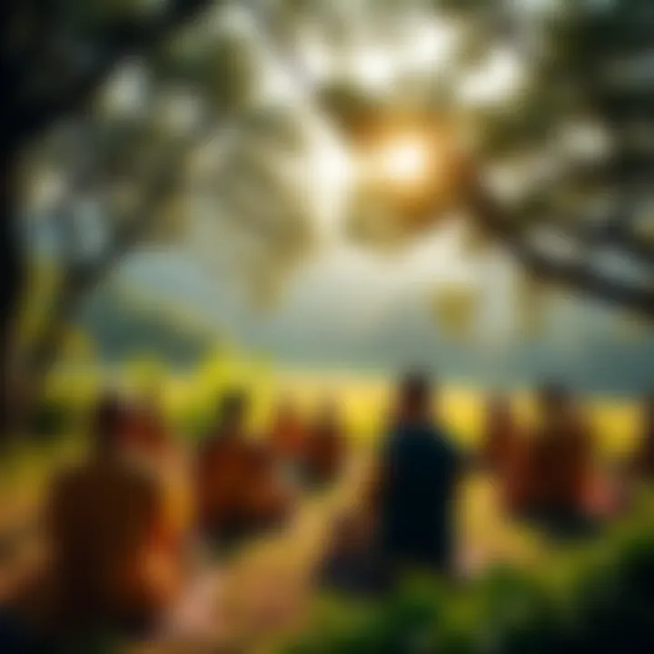 Meditation session in serene setting People practicing Goenka Vipassana meditation in a peaceful environment with nature surrounding them