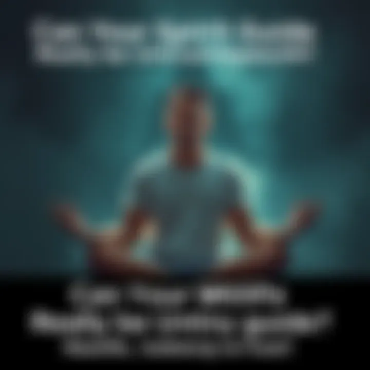 Person meditating with an uncertain expression A person sits cross-legged in a peaceful setting, eyes closed, looking confused while meditating as a faint, shadowy figure appears nearby, suggesting a spirit guide. The atmosphere feels tense and mystical.