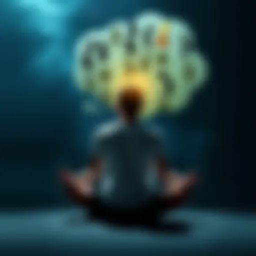 A person meditating with a thought bubble showing multiple tulpas or imaginary friends around them, symbolizing dissociation and creativity.