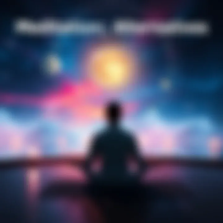 A person meditating in a serene environment with calming visuals around them, illustrating various meditation methods.