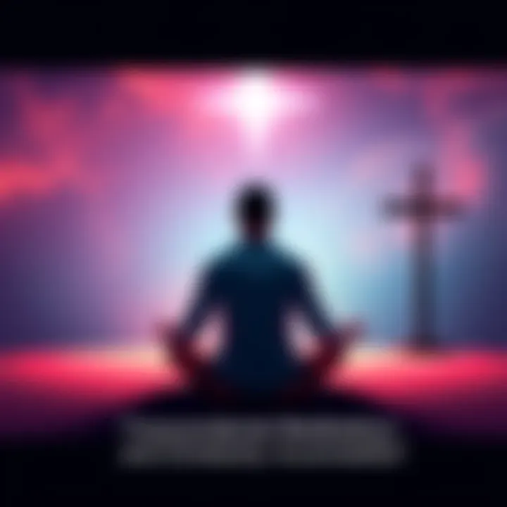 A person sitting cross-legged in meditation with a cross symbol nearby, representing the contrast between Transcendental Meditation and Christianity.