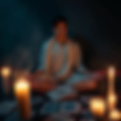 A person meditating with tarot cards spread out, surrounded by candles and soft light, symbolizing spiritual energy for project success.