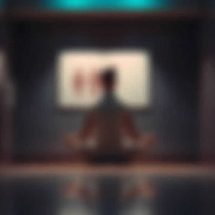 A person sitting cross-legged in meditation posture with a bathroom sign in the background, conveying the urge to urinate after meditation.