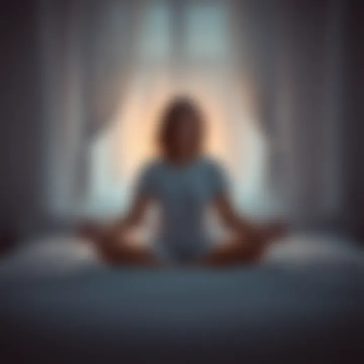 Individual is sitting cross-legged on a bed, meditating with soft light around them, creating a peaceful atmosphere for sleep.