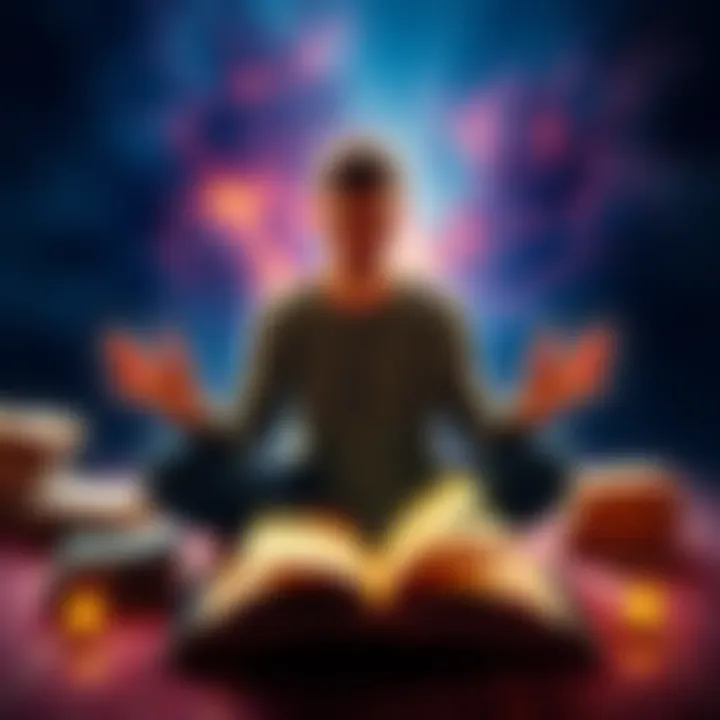 A person meditating with open books around them, representing daily rituals for developing psychic powers