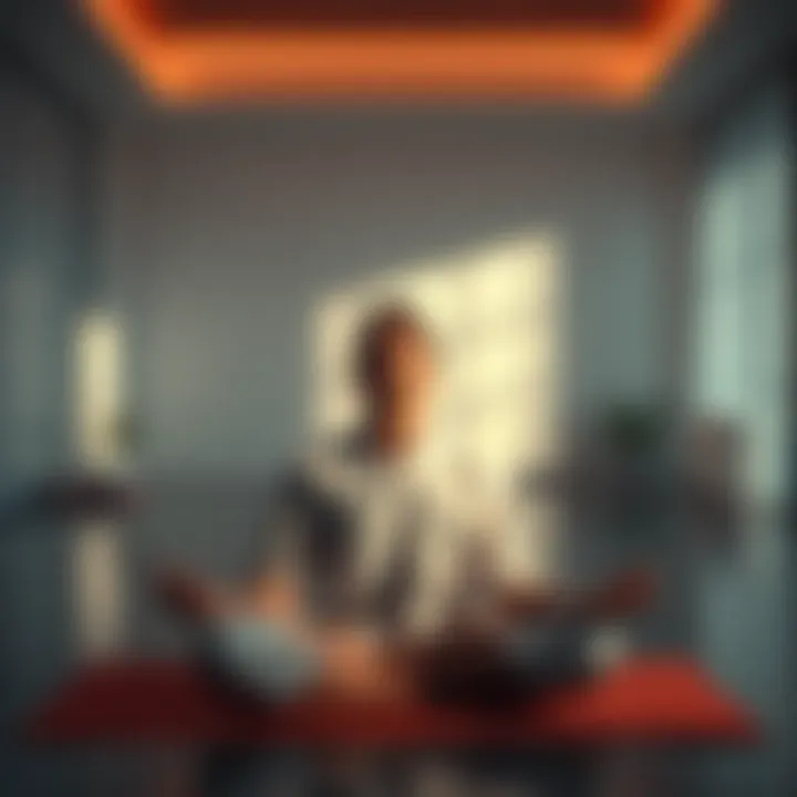 Meditation with closed eyes Person practicing meditation with closed eyes in a calm room, focusing on relaxation and inner peace.