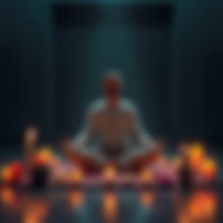 A person sitting cross-legged on a mat, meditating while surrounded by symbols of various meditation styles like candles and incense.
