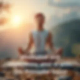 A person sitting cross-legged in meditation with a serene expression, surrounded by soft light and calming nature imagery, symbolizing a spiritual journey towards The Primordial Source.