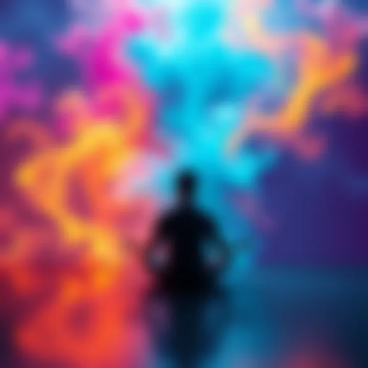 A person sits cross-legged in meditation, surrounded by vibrant, swirling shapes representing altered states of consciousness.