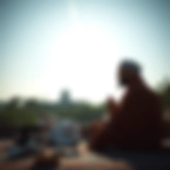 Discussion on Meditation An ex-Muslim and a Buddhist sit together, discussing the connection between Prophet Muhammad's meditation and his prophetic experiences, with thoughtful expressions and a serene setting around them.