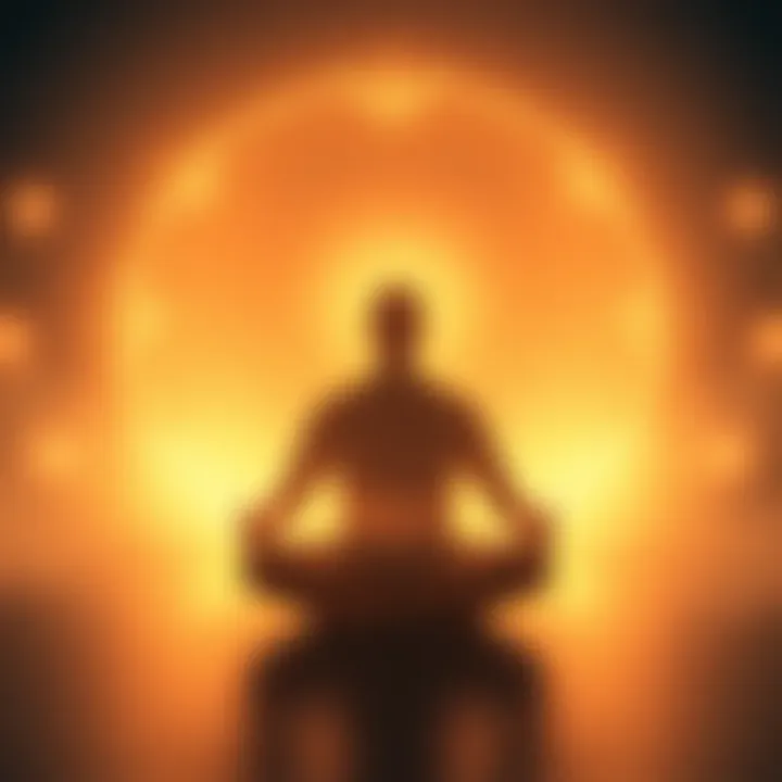 A person sits cross-legged in a serene environment, surrounded by a soft, glowing light, symbolizing self-awareness and divinity.