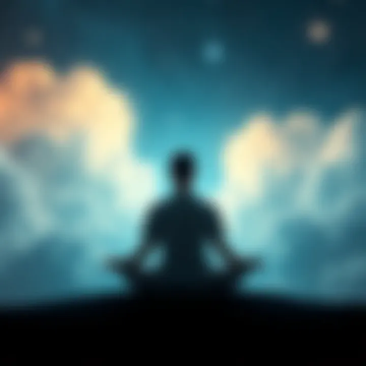 A person meditating with dream-like clouds and stars around them, representing the connection between meditation and lucid dreaming.