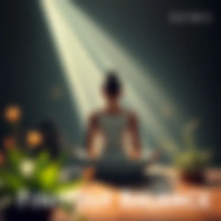 A serene setting with a person meditating, surrounded by calming nature elements like plants and sunlight, reflecting inner peace.