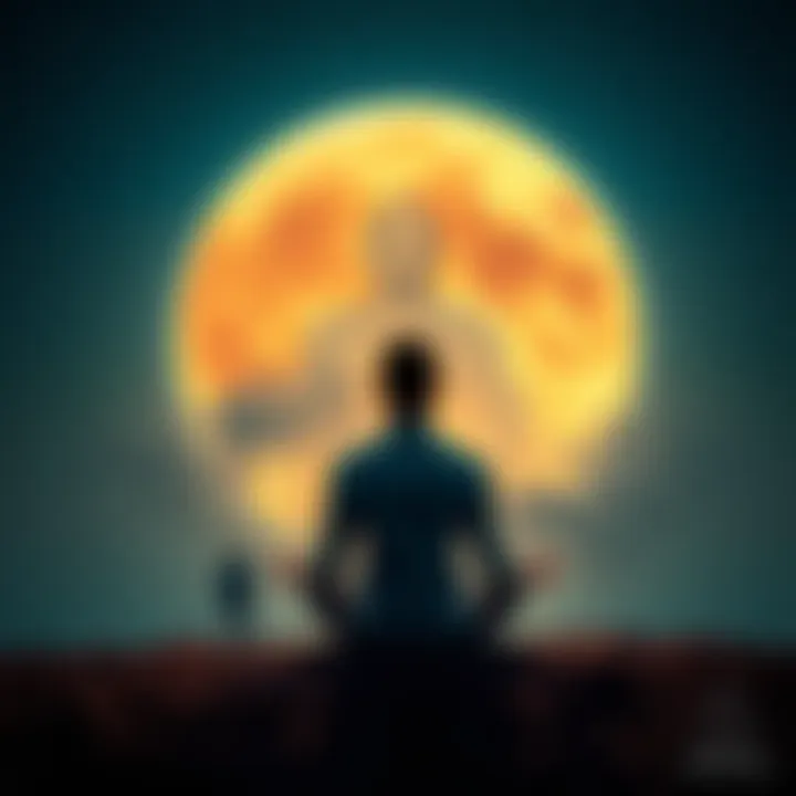 A person meditating with a giant moon figure and two male presences faintly visible in the background
