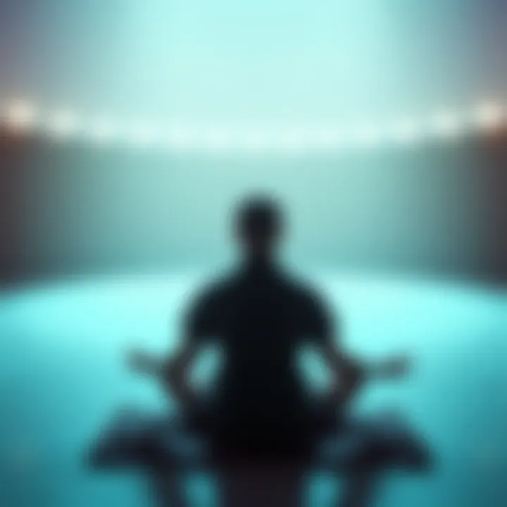 A person meditating in a calm setting, using an Energy Conversion Box to focus on stress relief techniques. Soft light surrounds them, creating a peaceful atmosphere.