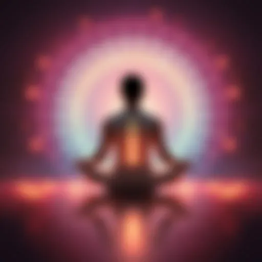 Individual sitting cross-legged in a serene environment, practicing meditation with visual energy patterns surrounding them.