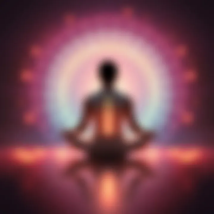 Individual sitting cross-legged in a serene environment, practicing meditation with visual energy patterns surrounding them.
