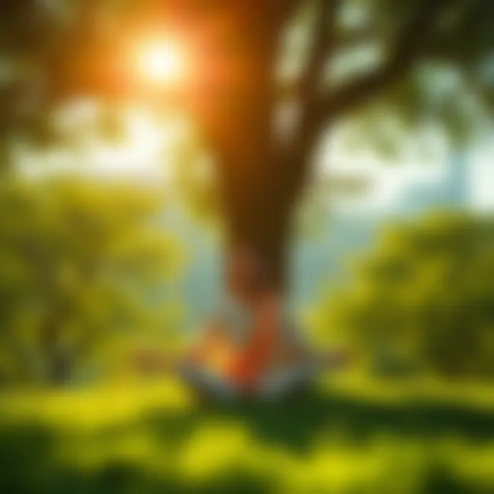 A serene person meditating under a tree, symbolizing peace and the journey to enlightenment.