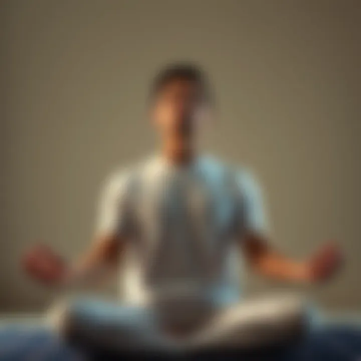 Individual sitting in a meditation pose, showing signs of eye flickering, with a serene background.