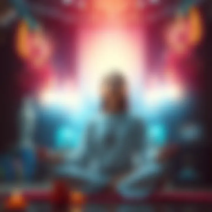 A person meditating with a serene expression, surrounded by soft light and ethereal symbols representing female deities, evoking a sense of peace and connection.