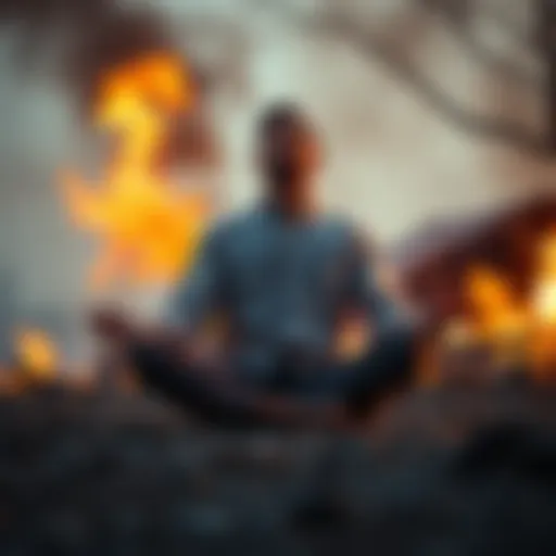 A man sitting cross-legged, calmly meditating while a fire blazes nearby, showcasing the power of meditation in stressful situations.