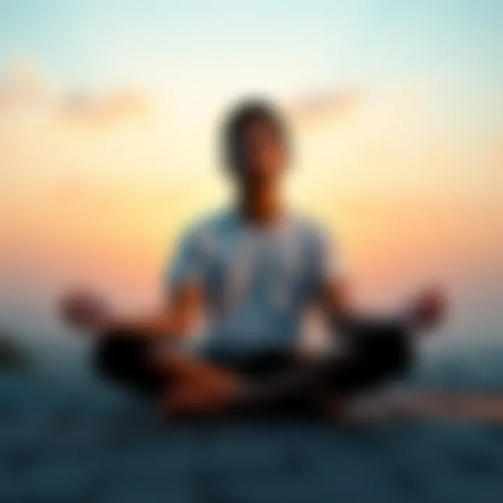 A person sitting cross-legged in a peaceful setting, eyes closed, practicing meditation with a calm expression.