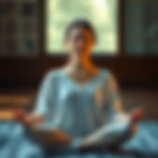 Meditation with Focused Eyes A person sitting cross-legged in meditation, eyes gently closed, with a serene expression, showing a calm and focused demeanor.