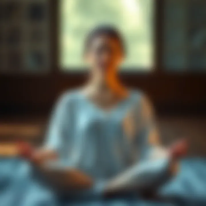 Meditation with Focused Eyes A person sitting cross-legged in meditation, eyes gently closed, with a serene expression, showing a calm and focused demeanor.