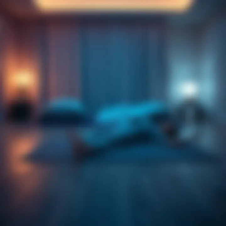 A person lying on a yoga mat, practicing Yoga Nidra meditation in a calm, dimly lit room with soft pillows and blankets, promoting relaxation and deep sleep.