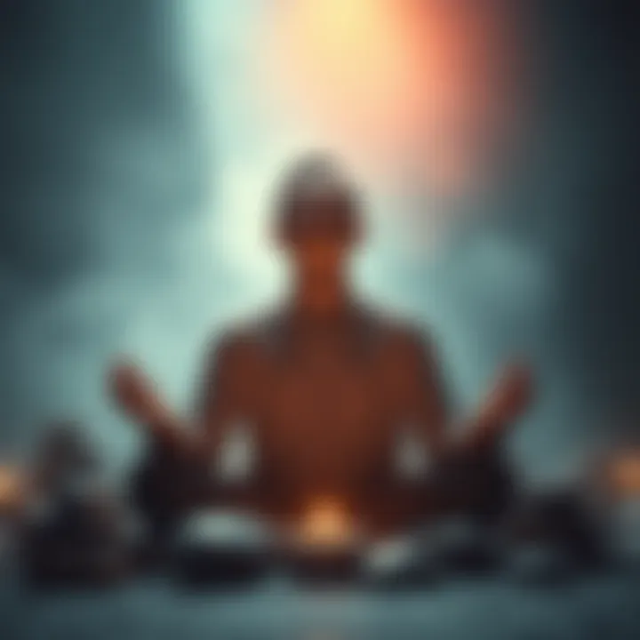 A person meditating with their eyes closed, surrounded by soft light and calming stones, representing focus and inner peace to enhance intuition and the third eye.