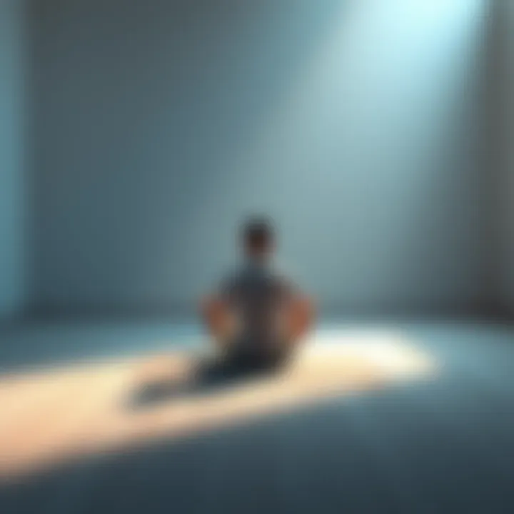 A person sitting cross-legged on a mat in a serene room, looking frustrated while trying to meditate