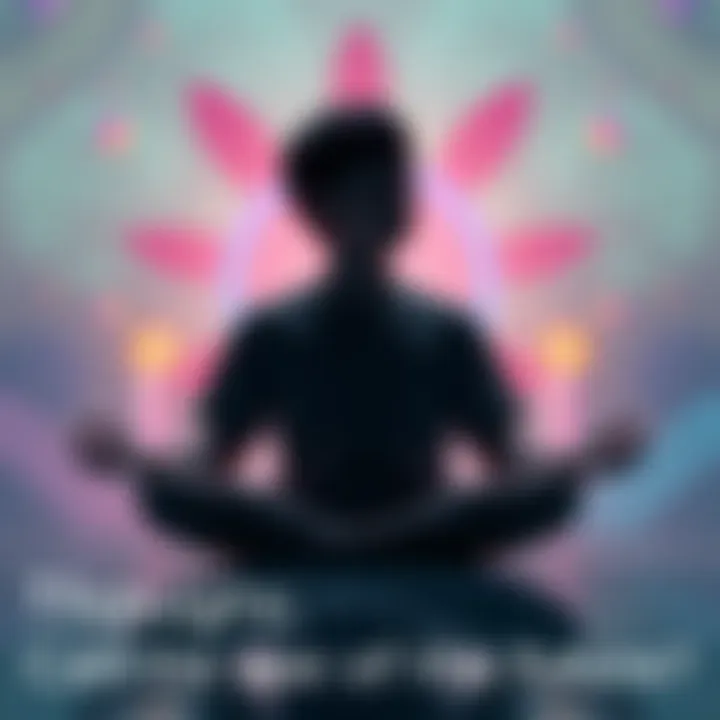 Person meditating in lotus pose A person sitting cross-legged in lotus pose, eyes closed, surrounded by a calming environment with soft colors and abstract shapes representing thoughts of the future.