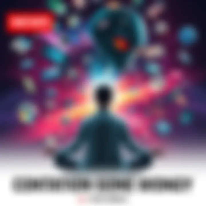 A person meditating with a chaotic mix of alien imagery and cinema scenes swirling around their head
