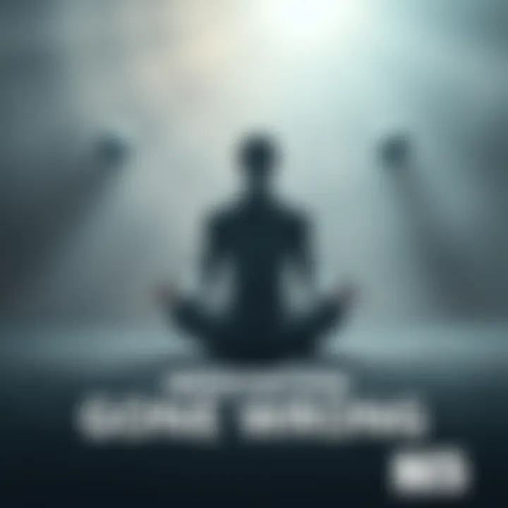 Person meditating with grey alien figures A person sitting cross-legged in a meditative pose surrounded by faint outlines of three grey aliens, creating a surreal atmosphere.