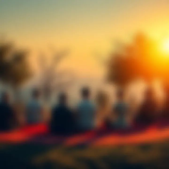 Meditation Group Sitting Together A group of people sitting in a circle, meditating in a serene environment.