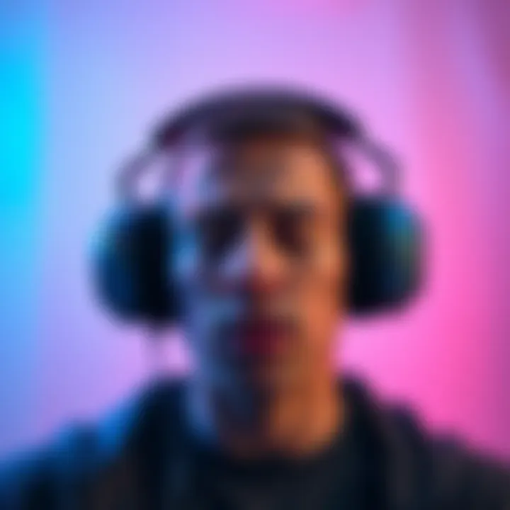 A person meditating with headphones, showing expressions of relaxation and slight discomfort, surrounded by calming colors and soft lighting.