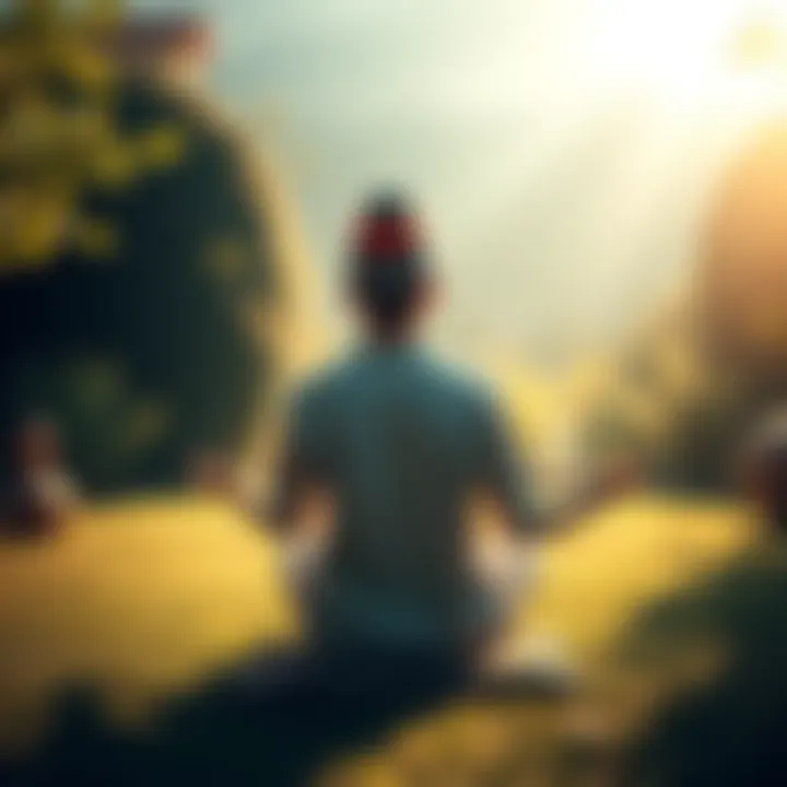 A person meditating in a peaceful ashram setting surrounded by nature and soft sunlight.
