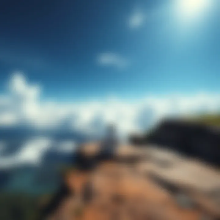 Meditation in Nature A person meditating on a rocky cliff surrounded by vast open space and clouds, illustrating a sense of connection and body size perception during vipassana meditation.