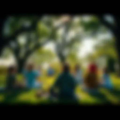 A group of people sitting in a circle, meditating under trees, surrounded by greenery and sunlight
