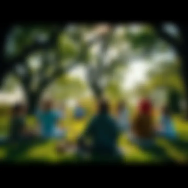 A group of people sitting in a circle, meditating under trees, surrounded by greenery and sunlight