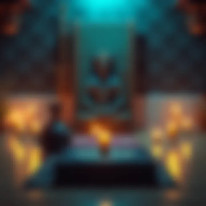 A serene meditation space featuring Kemetism symbols and candles, reflecting a person's emotional struggle after a meditation session.