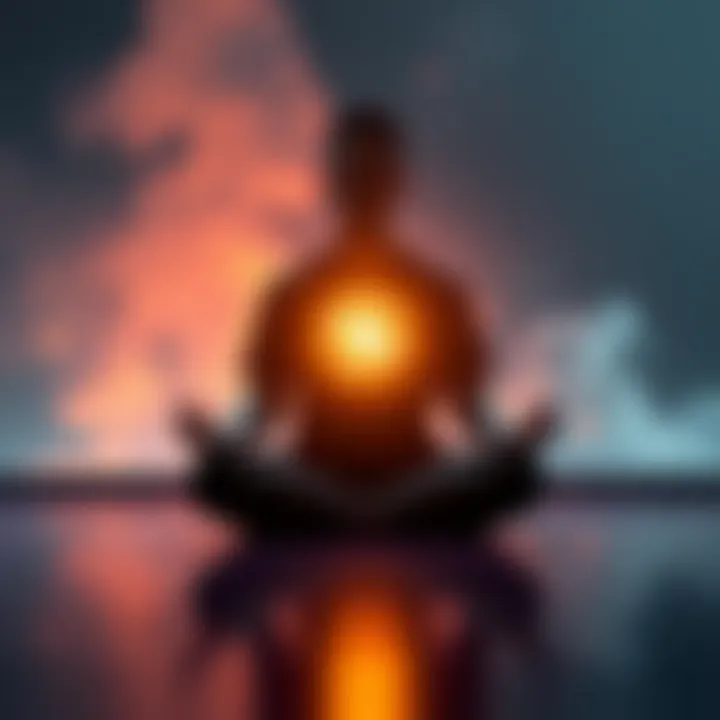 A person sits cross-legged in meditation, surrounded by a glowing orb representing positive energy and thoughts about the Law of Attraction